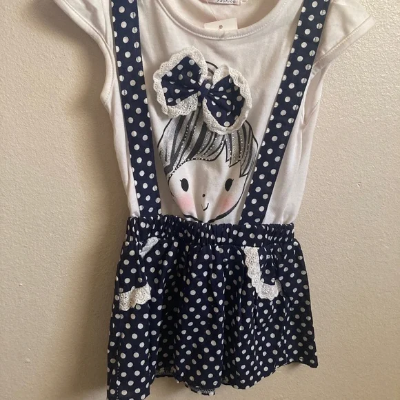 Dresses | Girls Overall Suspender Dress Bow Rhinestone Polka Dot White Blue  12 | Poshmark